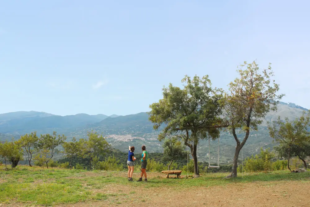 Due escursioniste ammirano panorama montano, panchina sotto alberi.